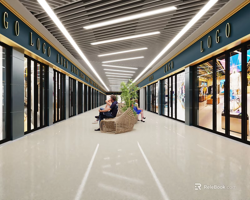 Mall Lobby Interior With Glass Doors People Wicker Chairs Green Plants And Striped Lights 3d model 