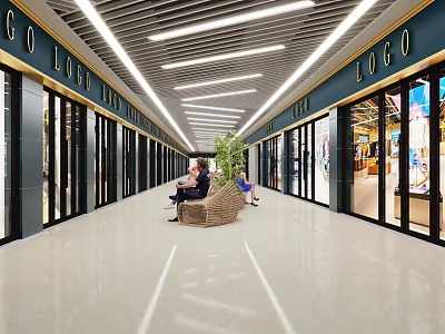 Mall Lobby Interior With Glass Doors People Wicker Chairs Green Plants And Striped Lights 3d model