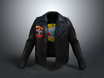 Stylish Black Leather Jacket With Colorful Badges And Yellow Lining 3d model
