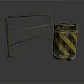 Black Metal Safety Barrier And Weathered Barrel With Yellow Black Stripes