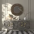 Elegant Entryway Console Table With Marble Texture Golden Accents Round Mirror And White Vase
