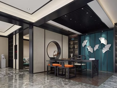 Chinese Style Clubhouse Interior With Circular Decor Wooden Table And Orange Chairs 3d model