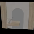 Modern Entryway Hallway With Wooden Walls Arched Lit Doorway Window Blinds And Wooden Console Table