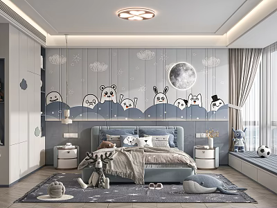 Cute Kids Room Design With Cartoon Wall Patterns Teddy Bears Moon Clouds And Blue Bed 3d model