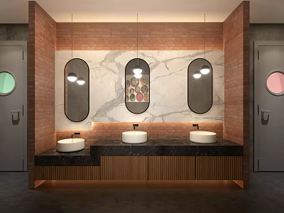 Modern Public Restroom Interior With Three Sinks Mirrors Marble Wall And Wooden Cabinets Design 3d model