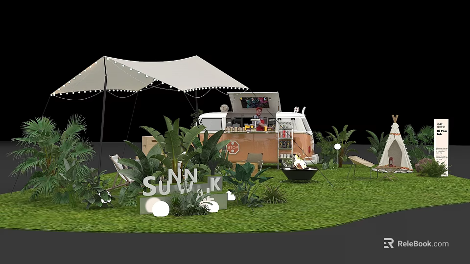 Garden Landscape Design With White Tent Food Truck Teepee Green Plants Lawn Seating Area 3d model 