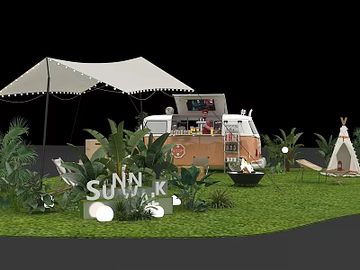 Garden Landscape Design With White Tent Food Truck Teepee Green Plants Lawn Seating Area 3d model