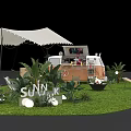 Garden Landscape Design With White Tent Food Truck Teepee Green Plants Lawn Seating Area