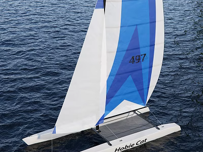 Hobie Cat Catamaran Sailboat with Blue and White Sail Number 497 on Calm Water Surface 3d model
