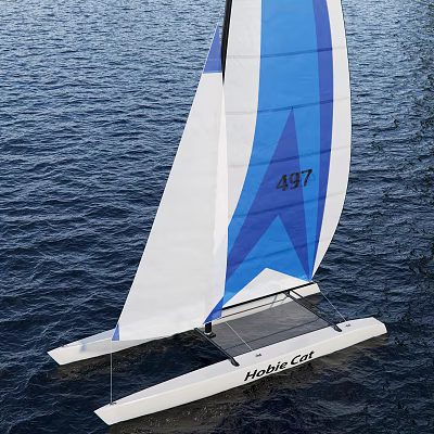 Hobie Cat Catamaran Sailboat with Blue and White Sail Number 497 on Calm Water Surface 3d model