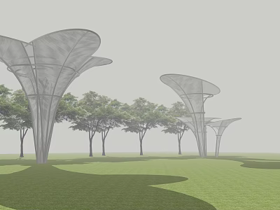 Modern Garden Landscape With Petal Shaped Metal Structures And Green Lawn 3d model