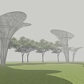 Modern Garden Landscape With Petal Shaped Metal Structures And Green Lawn