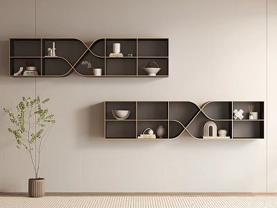 Modern Curved Design Wall Mounted Shelves With Dark Frame And Decorative Items On Light Wall 3d model
