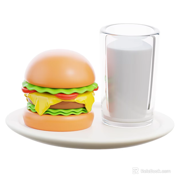 Tasty Juicy Hamburger Served with Fresh Milk on Clean White Plate 3d model 