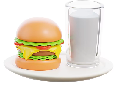 Tasty Juicy Hamburger Served with Fresh Milk on Clean White Plate 3d model