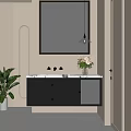 Modern Dark Gray Bathroom Vanity With Gold Faucet Framed Mirror And Green Plant