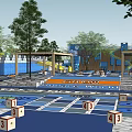 Children's Playground With Blue Slide Climbing Structures And Tree Shaded Area