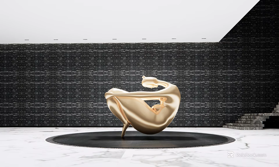 Golden Modern Sculpture With Black Circular Base And Marble Floor In Dark Wall Space 3d model 