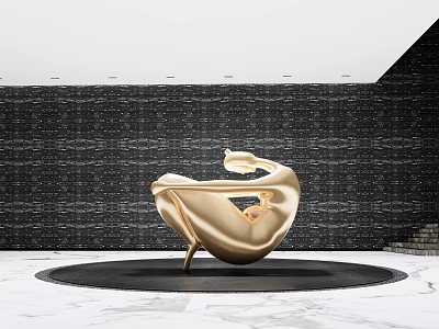 Golden Modern Sculpture With Black Circular Base And Marble Floor In Dark Wall Space 3d model