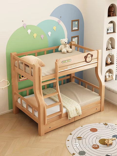 Wooden Bunk Children's Bed With Teddy Bear Monkey Design And Colorful Bunting 3d model 