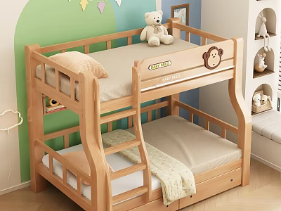 Wooden Bunk Children's Bed With Teddy Bear Monkey Design And Colorful Bunting 3d model