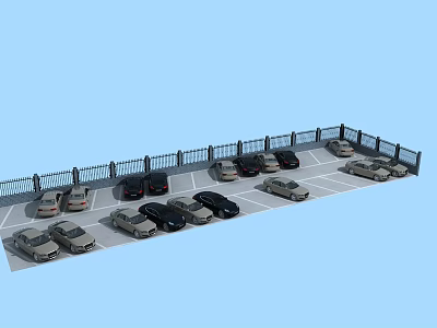 Organized Parking Lot With Multiple Parked Cars And Surrounding Fencing 3d model