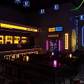 Modern Bar Interior Design With Neon Lights Purple Lighting Bar Counter And Tables Chairs