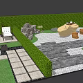 Courtyard Garden Design With Green Hedge Stone Slabs Rock Decorations And Gravel Ground