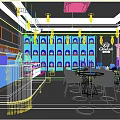 Bright Sweet Shop Interior With Glass Display Cases Desserts Drinks Tables Chairs And Hanging Lights