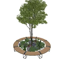 Circular Wooden Tree Pit Design With Black Metal Supports Seating Green Plants Stones And Gravel
