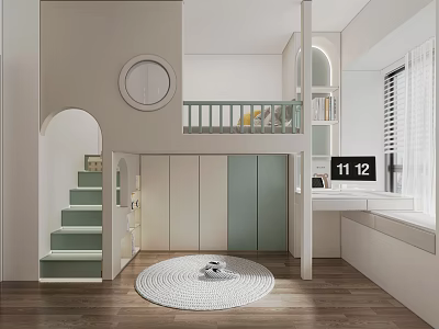 Kids Room Interior Design With Loft Bed Green Stairs Round Mirror And Wooden Floor 3d model