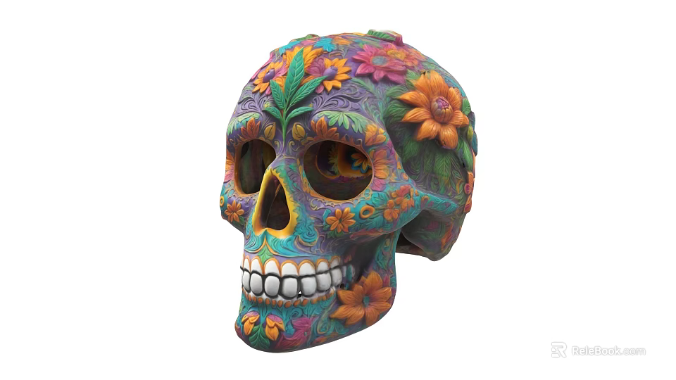 Colorful Skull Decorated With Vibrant Floral Patterns And Artistic Design 3d model 