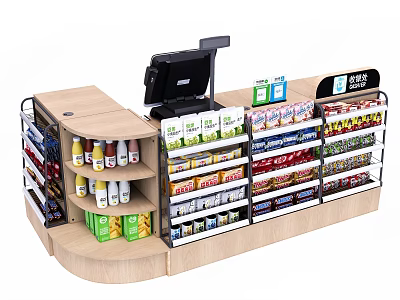 Modern Convenience Store Checkout Counter With Shelves And Various Products 3d model
