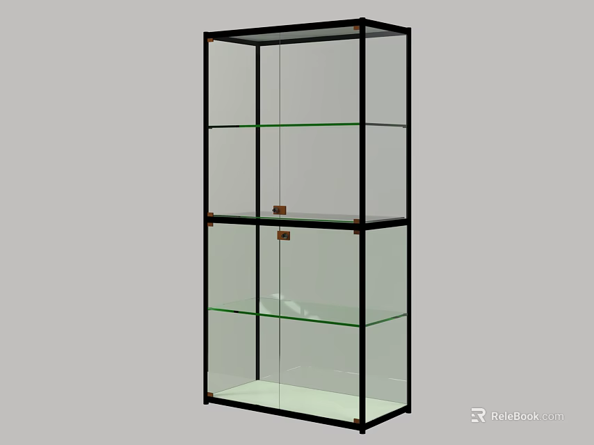 Modern Display Cabinet Shelving With Black Frame Glass Doors And Multiple Glass Shelves 3d model 