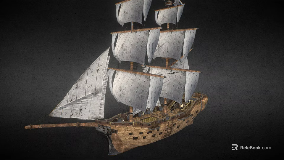 Wooden Sailing Ship With Multiple White Sails And Detailed Hull Structure 3d model 