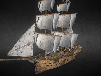 Wooden Sailing Ship With Multiple White Sails And Detailed Hull Structure 3d model