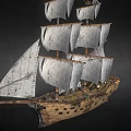 Wooden Sailing Ship With Multiple White Sails And Detailed Hull Structure