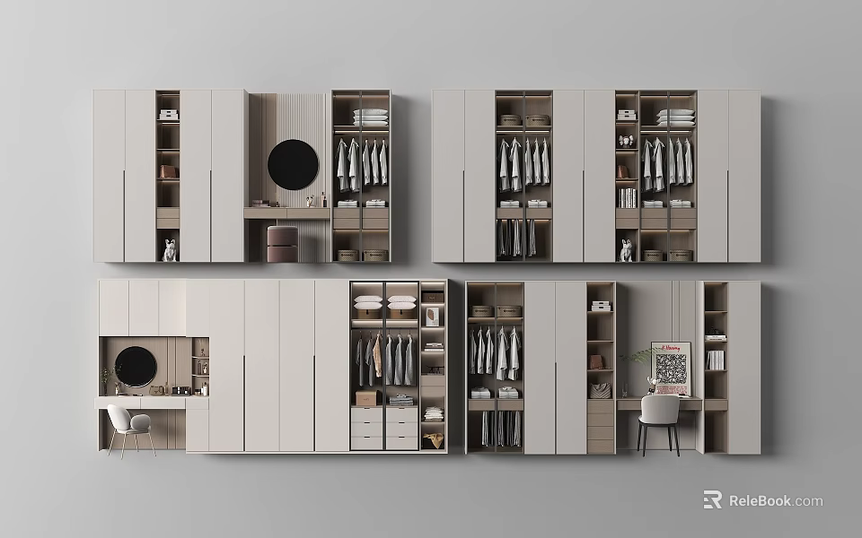 Modern Wardrobe Design With Multiple Storage Compartments Hanging Rails And Mirror 3d model