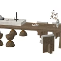 Modern Rustic Dining Table Set Featuring Natural Wood Top Round Stools and Decorative Vase 3d model