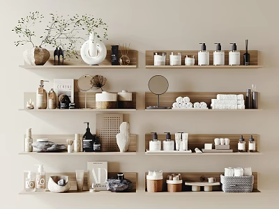 Laundry and Daily Essentials on Organized Wooden Shelves with Bottles Jars Towels and Decorative Items 3d model