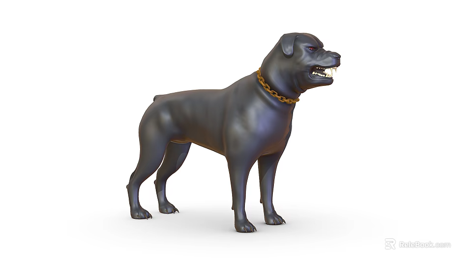 Black Dog with Golden Collar Standing with Fierce Expression on White Background 3d model 