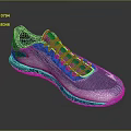 Blue And Silver Athletic Shoes With Knit Upper Green Sole And Red Accents
