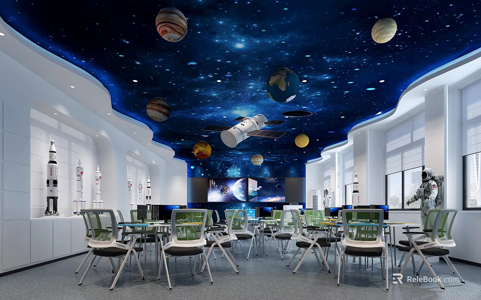School Astronomy Classroom With Starry Ceiling Planets And Rocket Models 3d model 