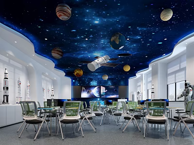School Astronomy Classroom With Starry Ceiling Planets And Rocket Models 3d model