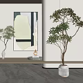 Modern Interior Design With Bonsai Plants Decorative Painting And Stone Countertop