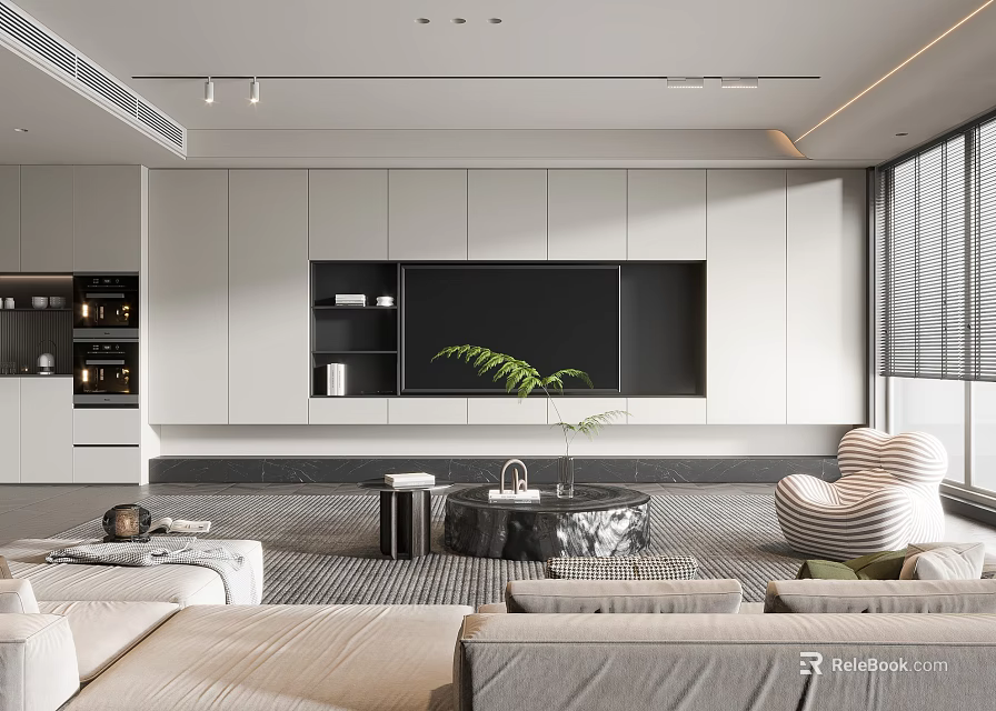 Modern Living Room Interior Design With White Cabinets Black TV Wall And Green Plant 3d model 