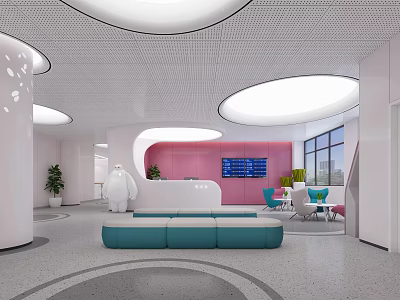 Modern Waiting Area Interior With Pink Wall Circular Lights Blue Sofa And White Reception Desk 3d model
