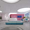 Modern Waiting Area Interior With Pink Wall Circular Lights Blue Sofa And White Reception Desk