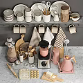Organized Kitchen Utensils Display With Mugs Plates Bowls Blender Kettle Cutting Boards And Towels