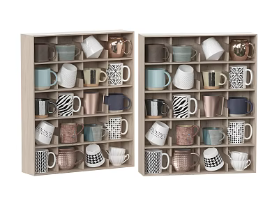 Neatly Arranged Mug Set in Wooden Storage Boxes with Various Colors and Patterns 3d model